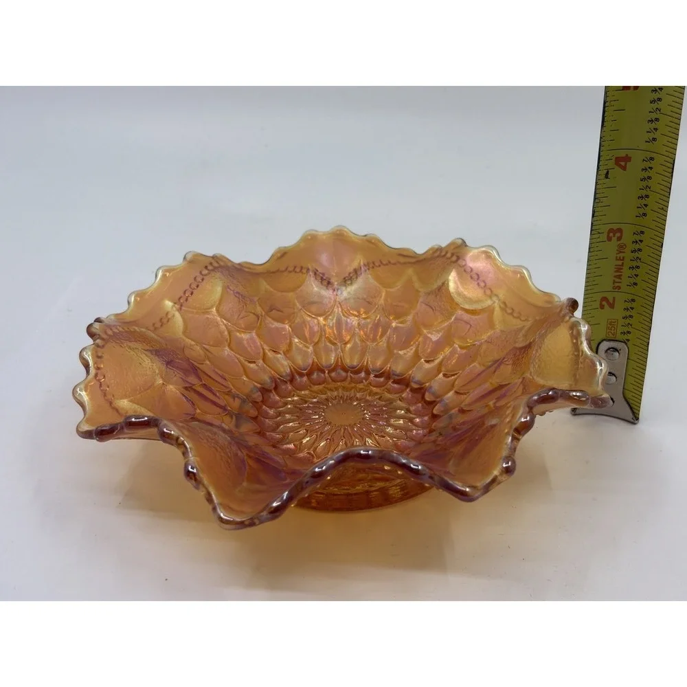 1915 Marigold Dugan Carnival Glass Iridescent Bowl Ruffled Fish scale & Beads
